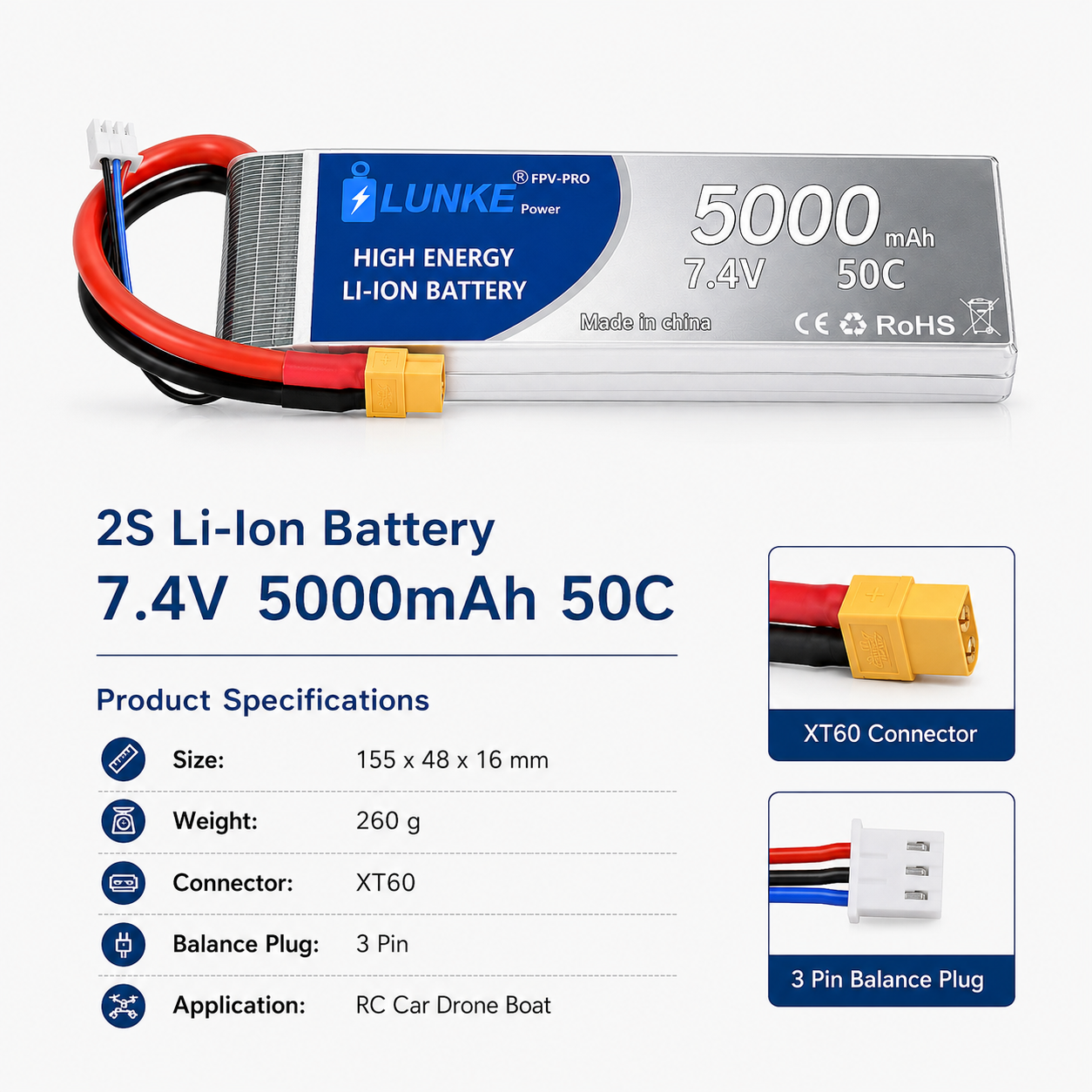 Batterie Lipo 2S 7.4V 5000mAh  - Drone Avion Rc บทวิจารณ์และราคา